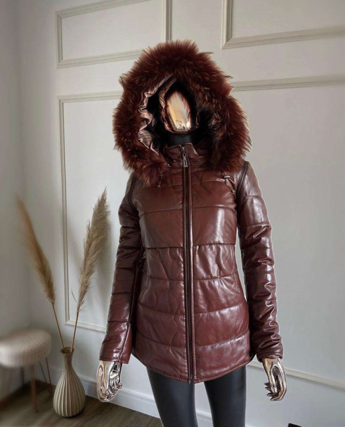 Leather Jacket with real fur, turns into a vest