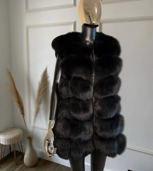 Black real fur vest